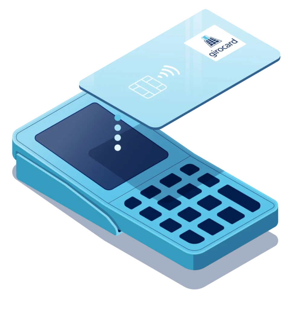 Abbildung eines modernen Kartenlesegeräts, das eine kontaktlose Girokarte scannt, um eine Zahlung durchzuführen. Das Gerät zeigt eine benutzerfreundliche Oberfläche mit Tasten und einem Display. Ideal für den Einsatz im Einzelhandel zur schnellen und sicheren Zahlungsabwicklung.
