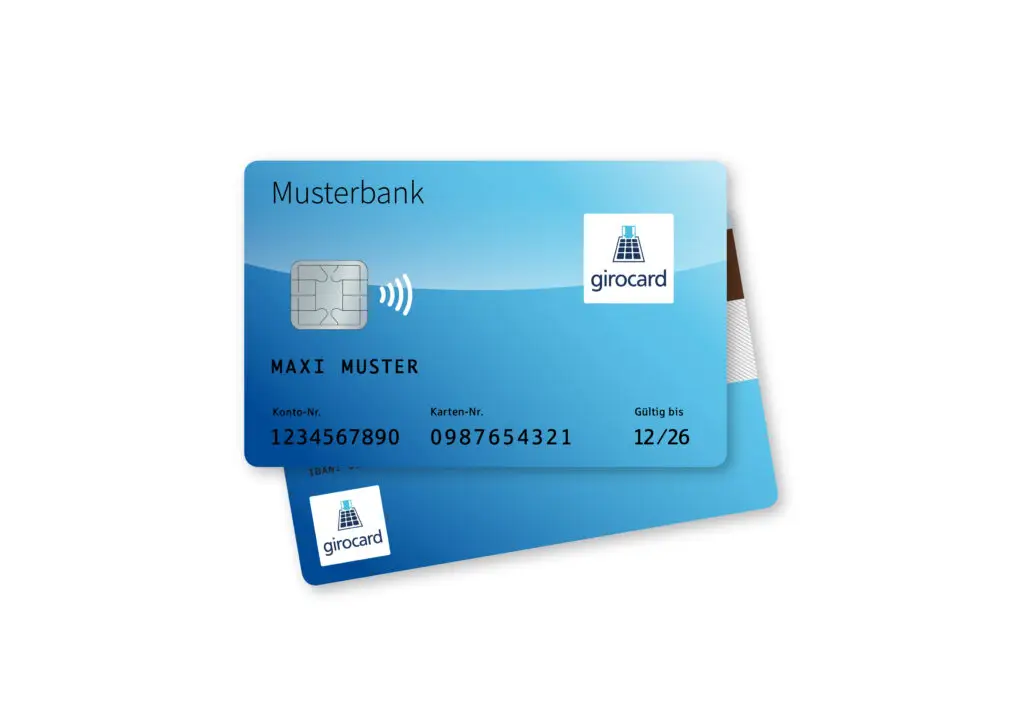 Girocard einer Musterbank mit Kontaktlos-Funktion, dargestellt in blauer Farbe, zeigt Kontonummer, Kartennummer und Gültigkeitsdatum.