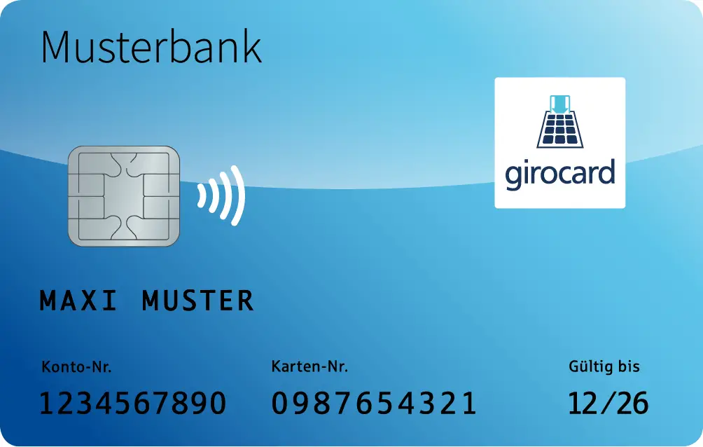 Bild einer Muster-Girokarte der Musterbank mit Angaben zu Kontonummer, Kartennummer und Gültigkeitsdatum, ideal für die Veranschaulichung von Bankkarten und Zahlungsdiensten.