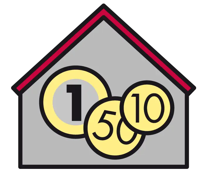 Grafik eines Hauses mit drei Münzen, die die Werte 1, 5 und 10 darstellen, symbolisiert finanzielle Aspekte oder Sparziele.