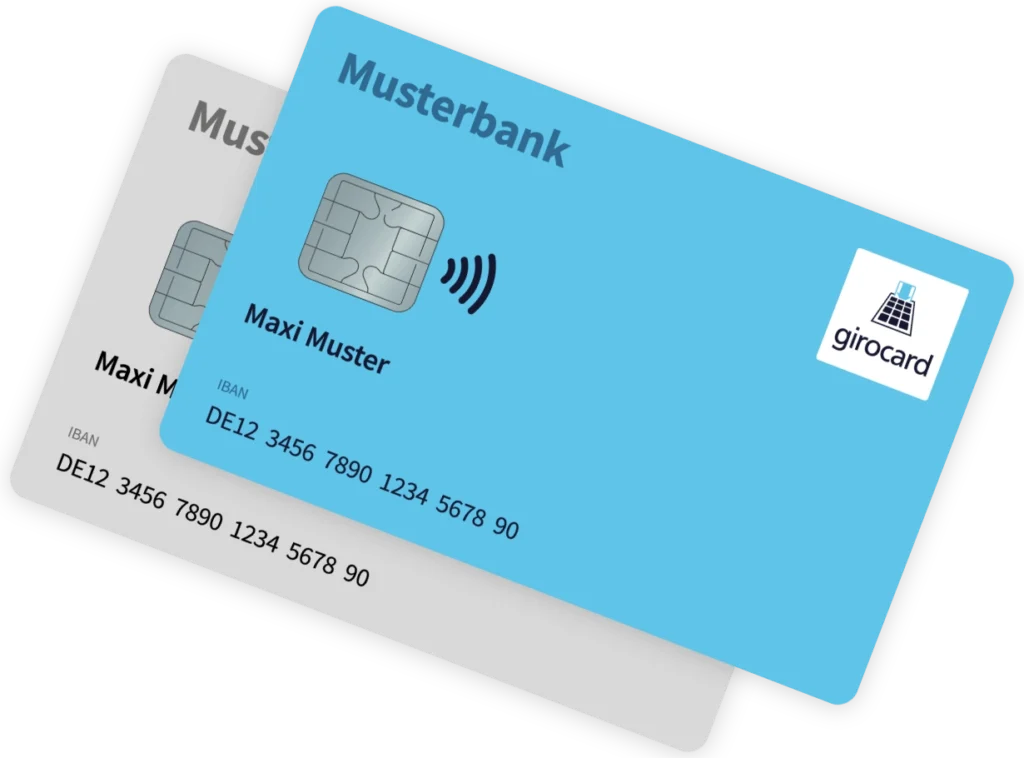 Zwei Girokarten der Musterbank in unterschiedlichen Farben, eine blaue und eine graue, mit dem Namen Maxi Muster und IBAN-Nummern, die auf moderne Zahlungsmethoden hinweisen.