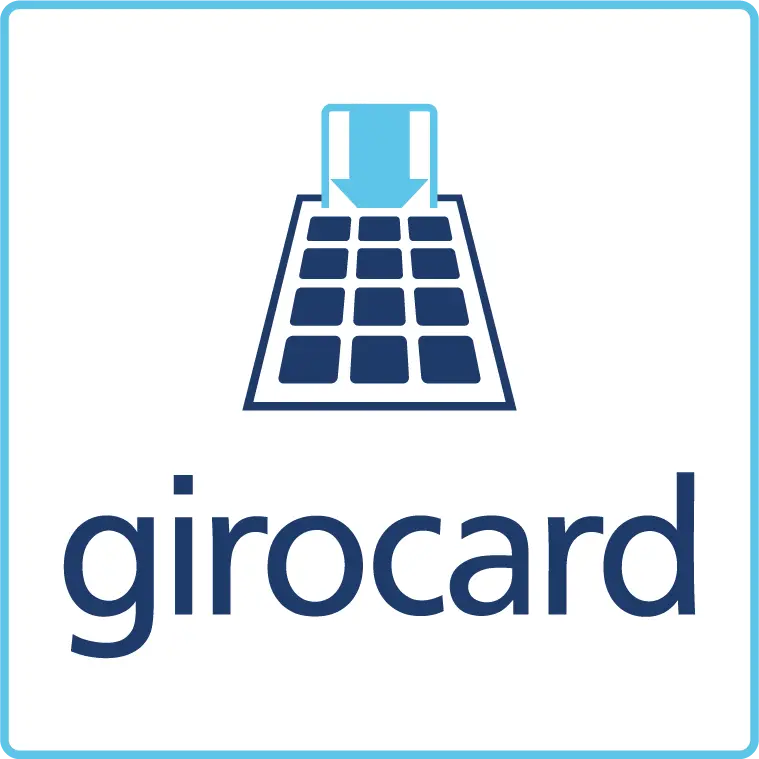 Logo der Girocard mit grafischer Darstellung eines Kartenscanners, der eine Zahlung symbolisiert. Ideal für Informationen zu bargeldlosem Bezahlen und Girocard-Diensten.