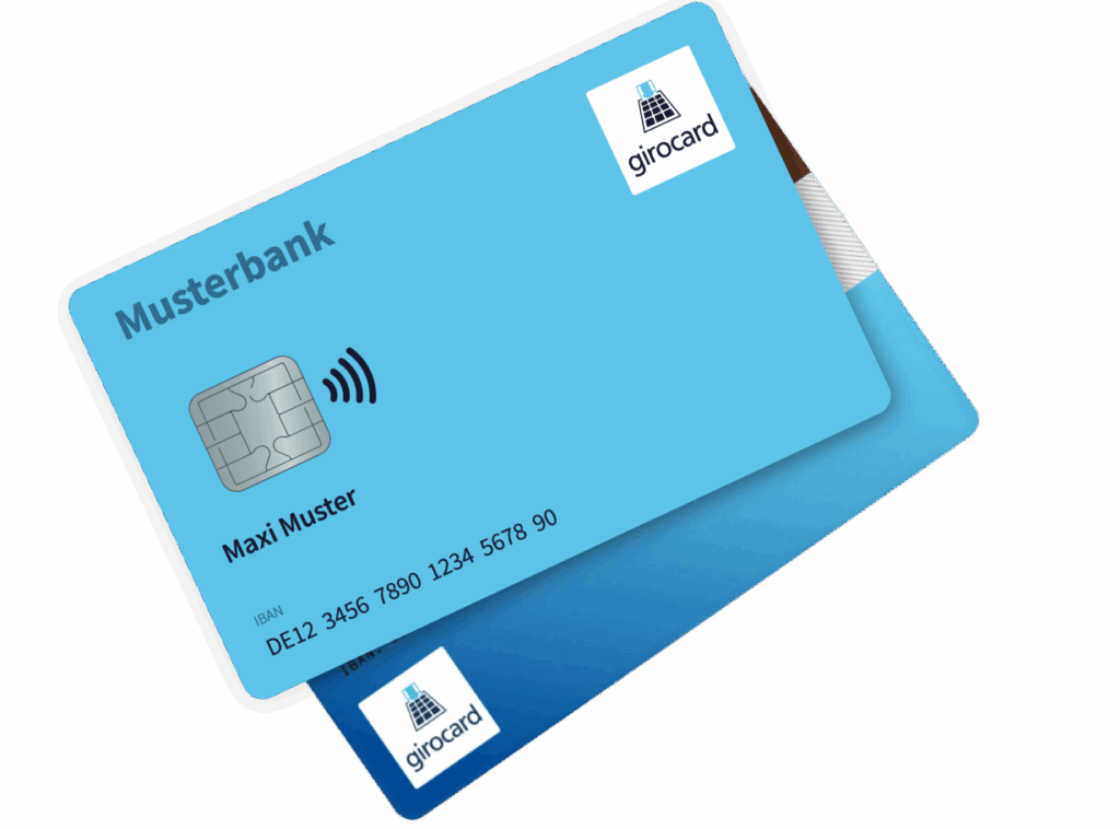 Bankkarte der Musterbank mit kontaktloser Zahlungstechnologie und Girocard-Logo, einschließlich IBAN-Nummer und Karteninhaberinformationen.