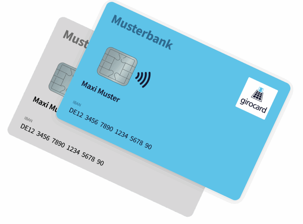 Zwei Bankkarten der Musterbank, eine in Blau mit kontaktloser Zahlungsfunktion und eine in Grau, beide mit dem Namen Maxi Muster und der IBAN DE12 3456 7890 1234 5678 90.