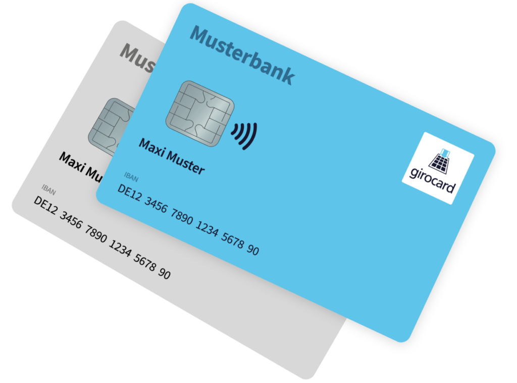 Zwei girocards der Musterbank mit dem Namen Maxi Muster, die eine kontaktlose Zahlungsfunktion unterstützen. Die Karten zeigen den IBAN und das Logo der girocard.