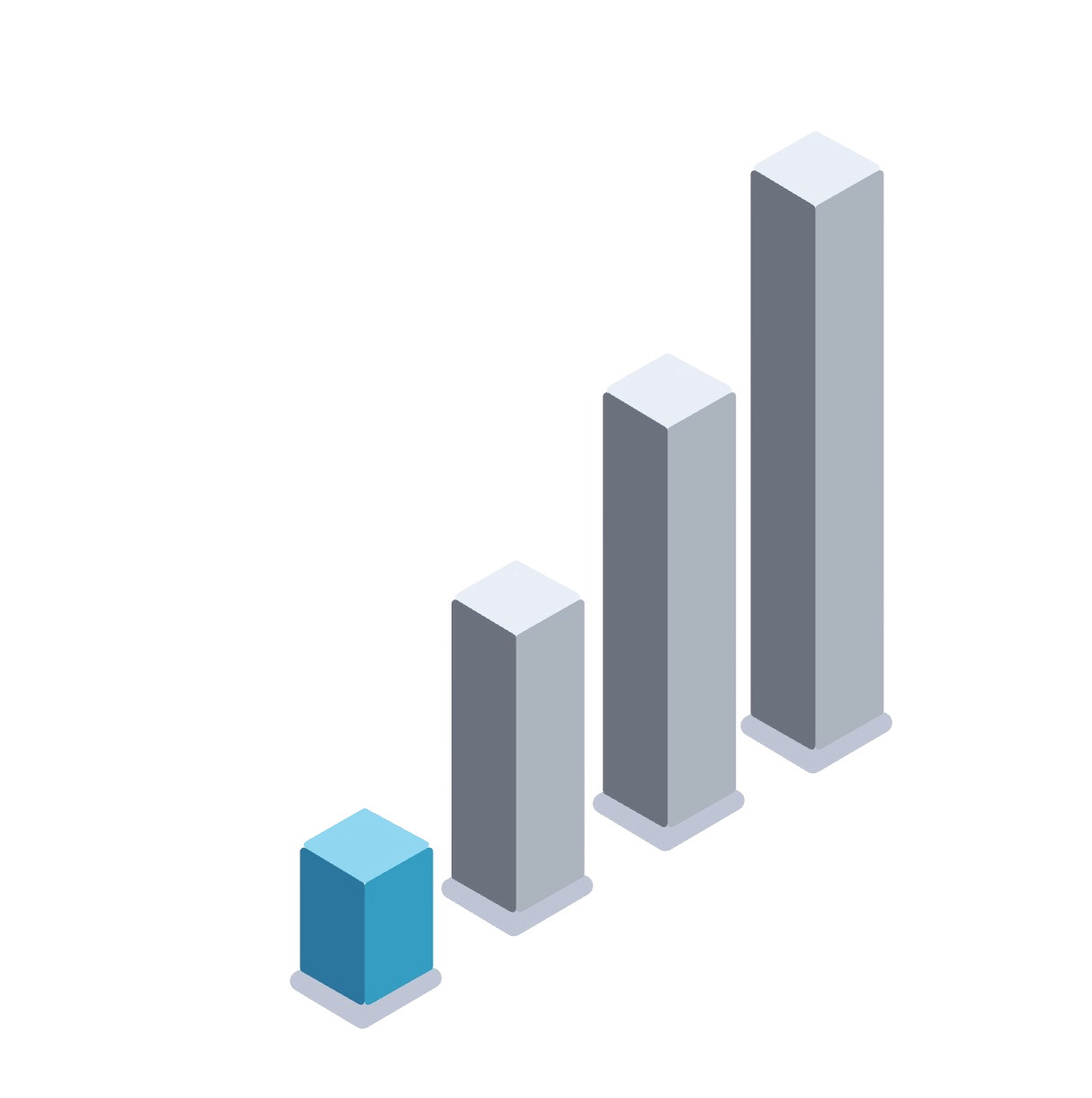 Balkendiagramm mit steigenden grauen Balken und einem blauen Balken, das Wachstum und Fortschritt symbolisiert, ideal für Finanz- oder Business-Präsentationen.